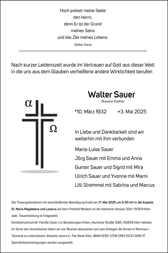 Anzeige von Walter Sauer von Kölner Stadt-Anzeiger / Kölnische Rundschau / Express