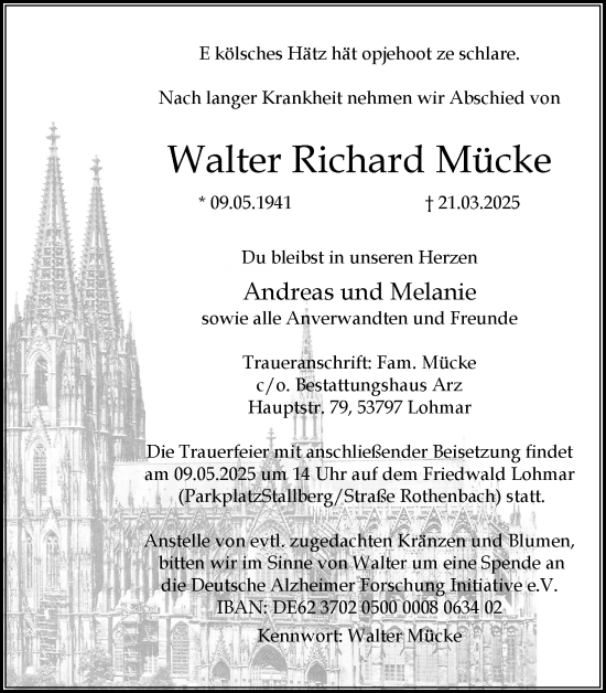 Anzeige von Walter Richard Mücke von Kölner Stadt-Anzeiger / Kölnische Rundschau / Express