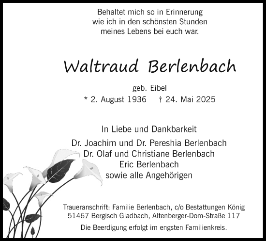 Anzeige von Waltraud Berlenbach von Kölner Stadt-Anzeiger / Kölnische Rundschau / Express