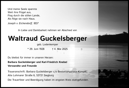Anzeige von Waltraud Guckelsberger von Kölner Stadt-Anzeiger / Kölnische Rundschau / Express