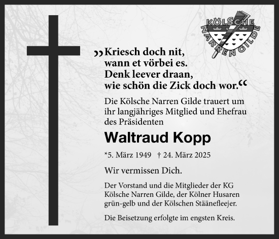 Anzeige von Waltraud Kopp von Kölner Stadt-Anzeiger / Kölnische Rundschau / Express