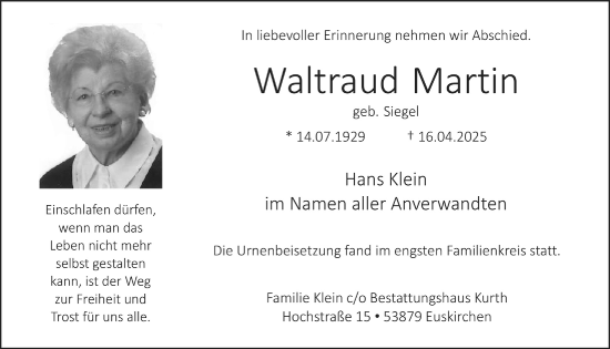 Anzeige von Waltraud Martin von  Blickpunkt Euskirchen 