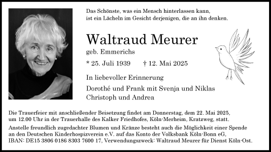 Anzeige von Waltraud Meurer von Kölner Stadt-Anzeiger / Kölnische Rundschau / Express