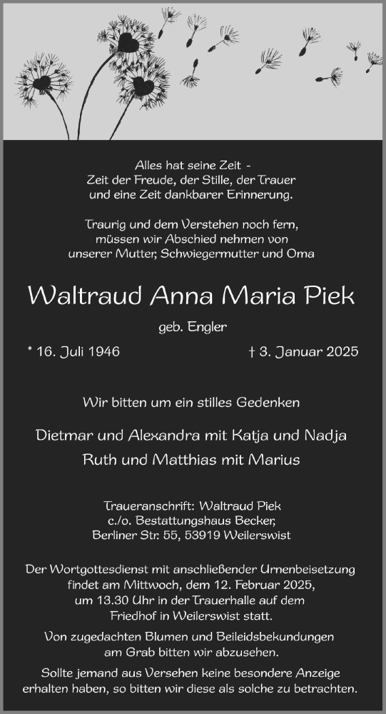 Anzeige von Waltraud Anna Maria Piek von  Blickpunkt Euskirchen 