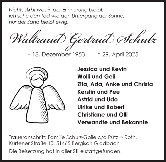 Anzeige von Waltraud Gertrud Schulz von  Bergisches Handelsblatt 