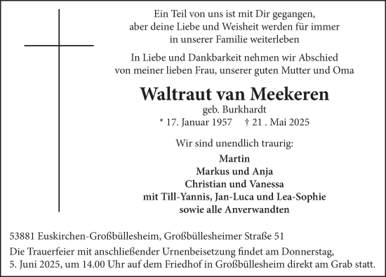 Anzeige von Waltraut van Meekeren von  Blickpunkt Euskirchen 