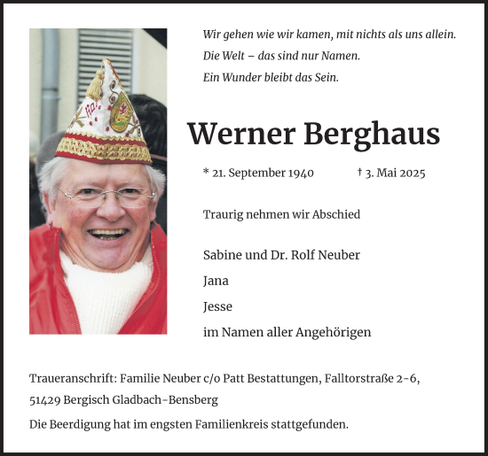 Anzeige von Werner Berghaus von Kölner Stadt-Anzeiger / Kölnische Rundschau / Express