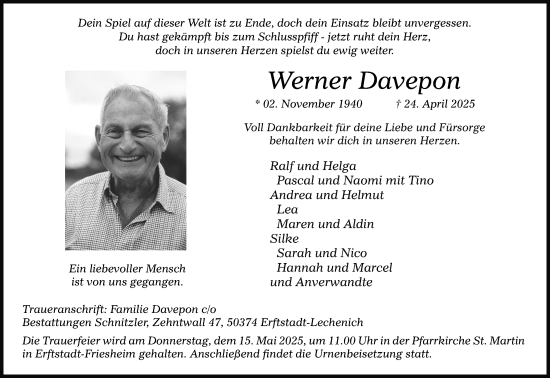 Anzeige von Werner Davepon von Kölner Stadt-Anzeiger / Kölnische Rundschau / Express