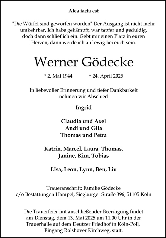 Anzeige von Werner Gödecke von Kölner Stadt-Anzeiger / Kölnische Rundschau / Express