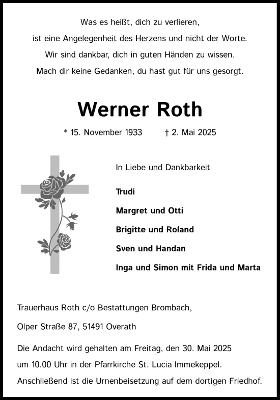 Anzeige von Werner Roth von Kölner Stadt-Anzeiger / Kölnische Rundschau / Express