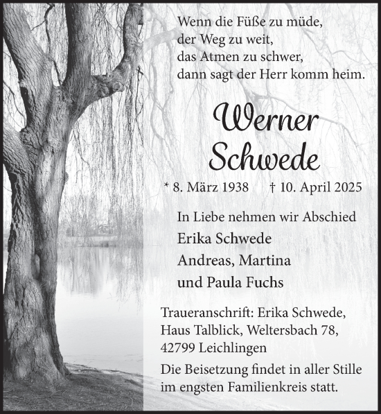 Anzeige von Werner Schwede von  Lokale Informationen 
