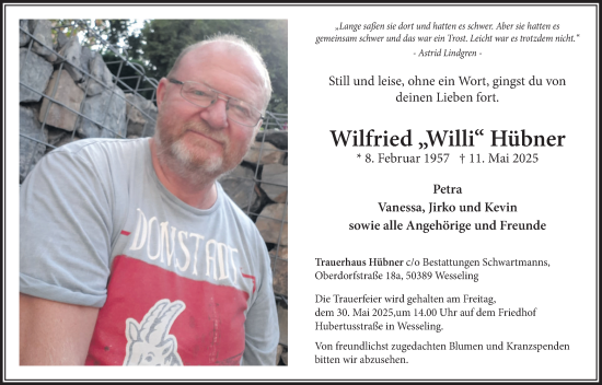 Anzeige von Wilfried Hübner von  Schlossbote/Werbekurier 