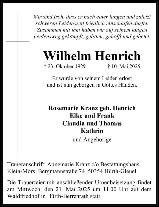 Anzeige von Wilhelm Henrich von  Wochenende 
