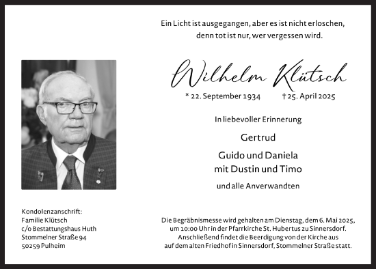 Anzeige von Wilhelm Klütsch von  Wochenende 