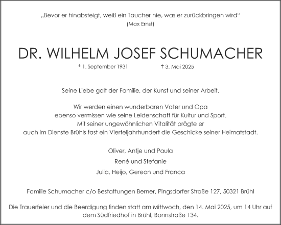 Anzeige von Wilhelm Josef Schumacher von  Schlossbote/Werbekurier 