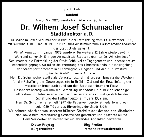 Anzeige von Wilhelm Josef Schumacher von Kölner Stadt-Anzeiger / Kölnische Rundschau / Express