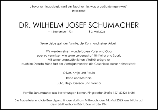 Anzeige von Wilhelm Josef Schumacher von Kölner Stadt-Anzeiger / Kölnische Rundschau / Express