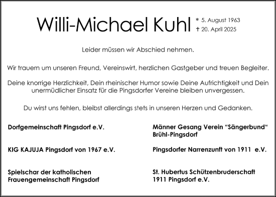 Anzeige von Will-Michael Kuhl von  Schlossbote/Werbekurier 