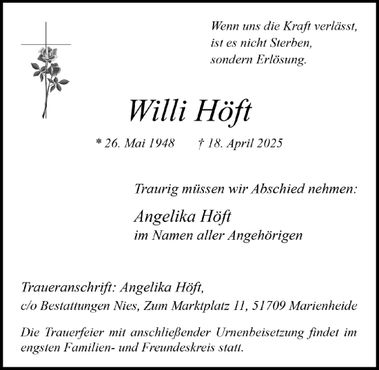 Anzeige von Willi Höft von  Anzeigen Echo 