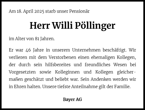 Anzeige von Willi Pöllinger von Kölner Stadt-Anzeiger / Kölnische Rundschau / Express