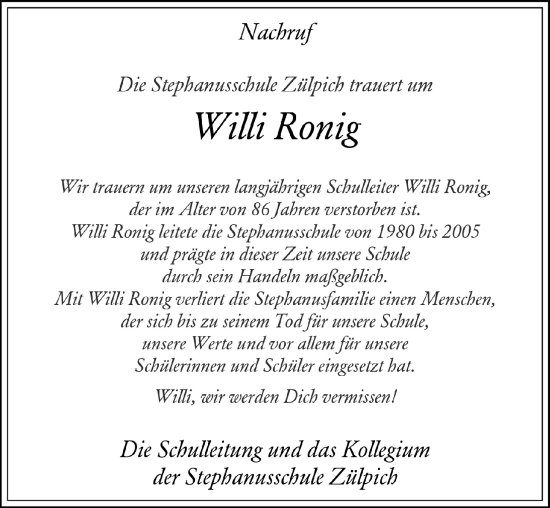 Anzeige von Willi Ronig von  Blickpunkt Euskirchen 
