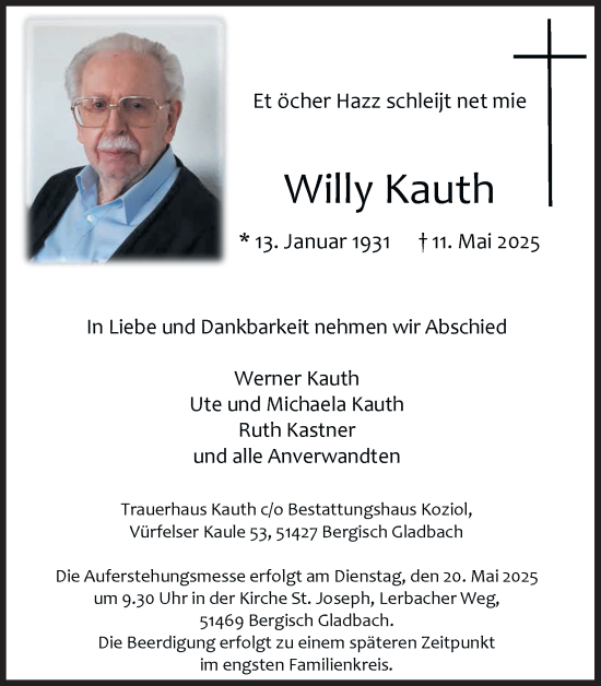 Anzeige von Willy Kauth von Kölner Stadt-Anzeiger / Kölnische Rundschau / Express