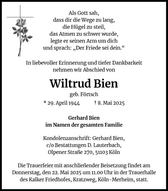 Anzeige von Wiltrud Bien von Kölner Stadt-Anzeiger / Kölnische Rundschau / Express