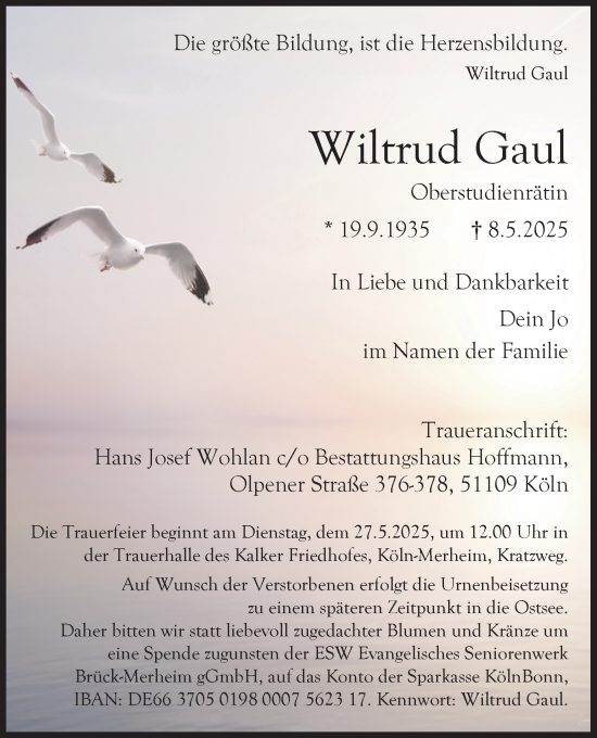 Anzeige von Wiltrud Gaul von Kölner Stadt-Anzeiger / Kölnische Rundschau / Express
