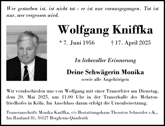 Anzeige von Wolfgang Kniffka von Kölner Stadt-Anzeiger / Kölnische Rundschau / Express