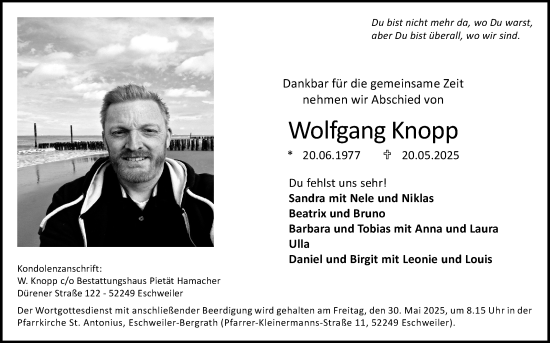 Anzeige von Wolfgang Knopp von Kölner Stadt-Anzeiger / Kölnische Rundschau / Express