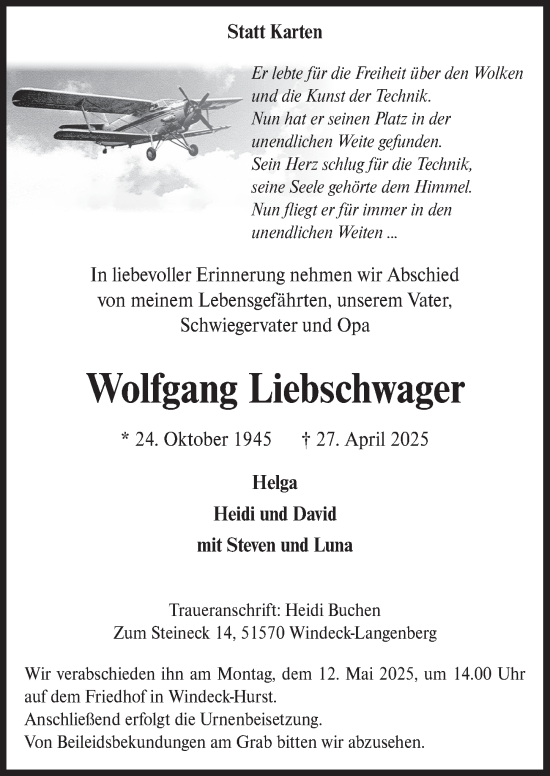Anzeige von Wolfgang Liebschwager von  Lokalanzeiger 