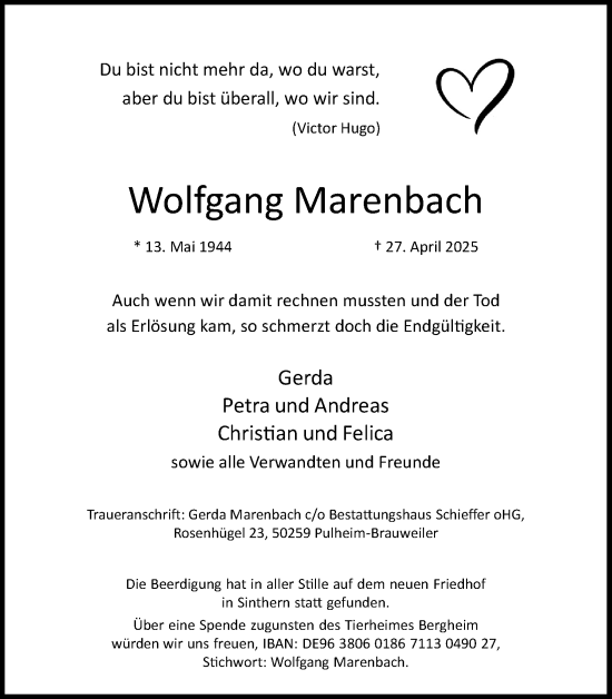 Anzeige von Wolfgang Marenbach von Kölner Stadt-Anzeiger / Kölnische Rundschau / Express