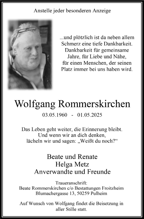 Anzeige von Wolfgang Rommerskirchen von  Wochenende 