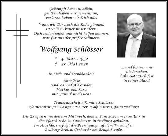 Anzeige von Wolfgang Schlösser von Kölner Stadt-Anzeiger / Kölnische Rundschau / Express