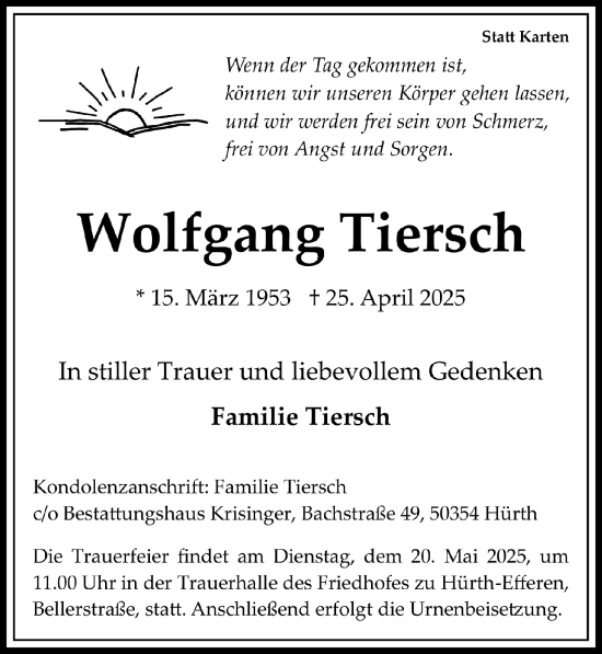 Anzeige von Wolfgang Tiersch von  Wochenende  Werbepost 