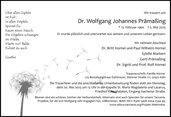Anzeige von Wolfgang Johannes Prämaßing von Kölner Stadt-Anzeiger / Kölnische Rundschau / Express