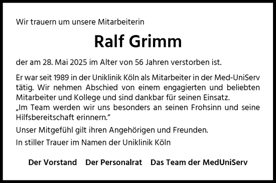 Anzeige von Ralf Grimm von Kölner Stadt-Anzeiger / Kölnische Rundschau / Express