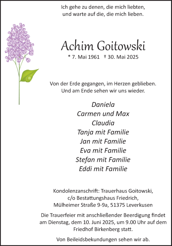 Anzeige von Achim Goitowski von Kölner Stadt-Anzeiger / Kölnische Rundschau / Express