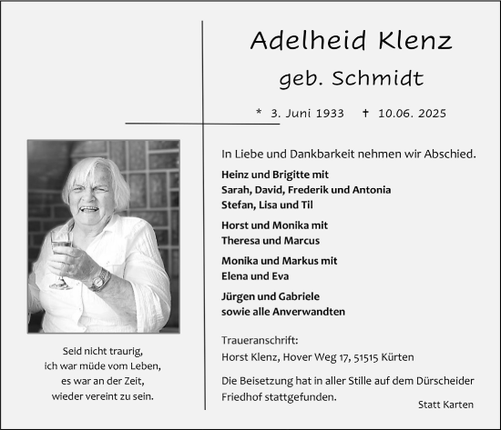 Anzeige von Adelheid Klenz von  Bergisches Handelsblatt 