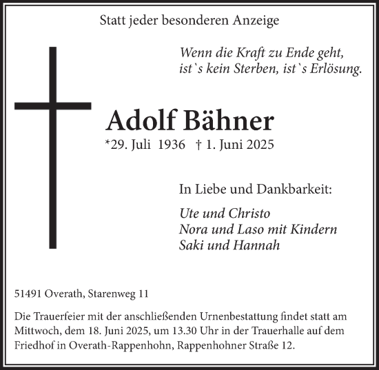 Anzeige von Adolf Bähner von  Bergisches Handelsblatt 