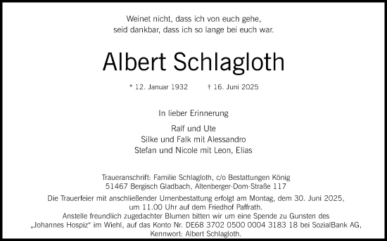 Anzeige von Albert Schlagloth von Kölner Stadt-Anzeiger / Kölnische Rundschau / Express
