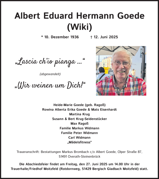 Anzeige von Albert Eduard Hermann Goede von Kölner Stadt-Anzeiger / Kölnische Rundschau / Express