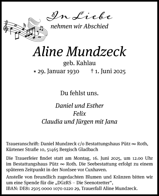 Anzeige von Aline Mundzeck von Kölner Stadt-Anzeiger / Kölnische Rundschau / Express
