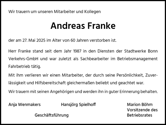 Anzeige von Andreas Franke von Kölner Stadt-Anzeiger / Kölnische Rundschau / Express
