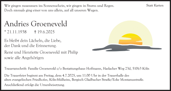 Anzeige von Andries Groeneveld von Kölner Stadt-Anzeiger / Kölnische Rundschau / Express