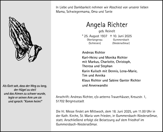 Anzeige von Angela Richter von Kölner Stadt-Anzeiger / Kölnische Rundschau / Express