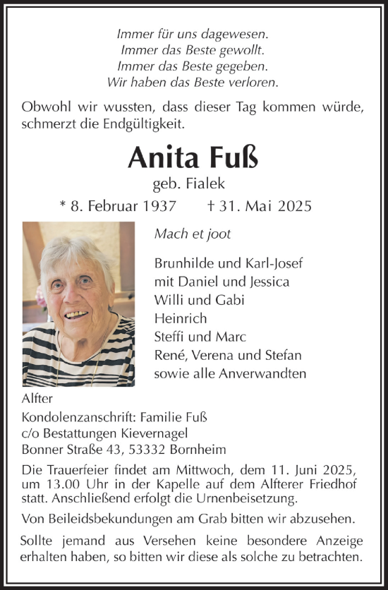 Anzeige von Anita Fuld von  Schaufenster/Blickpunkt 