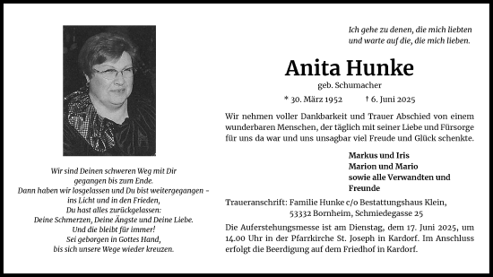 Anzeige von Anita Hunke von Kölner Stadt-Anzeiger / Kölnische Rundschau / Express