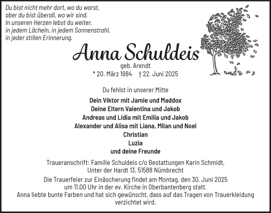 Anzeige von Anna Schuldeis von  Anzeigen Echo 