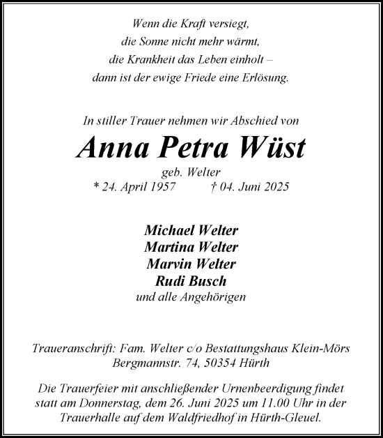 Anzeige von Anna Petra Wüst von Kölner Stadt-Anzeiger / Kölnische Rundschau / Express